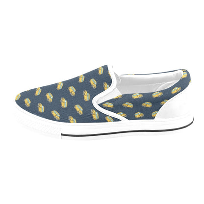 School Bus Print Design LKS304 White Slip Ons Canvas Women's Shoes
