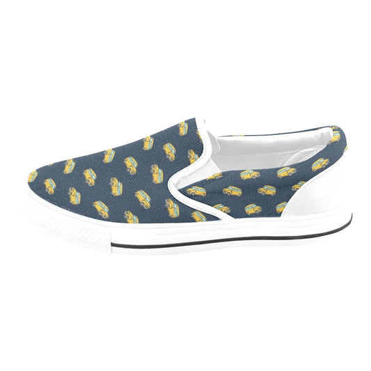 School Bus Print Design LKS304 White Slip Ons Canvas Women's Shoes