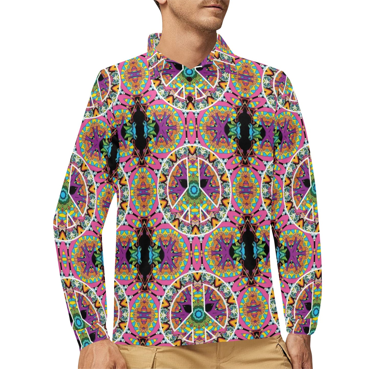 Peace Sign Pattern Print Design A03 Long Sleeve Polo Shirt For Men's