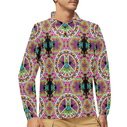 Peace Sign Pattern Print Design A03 Long Sleeve Polo Shirt For Men's