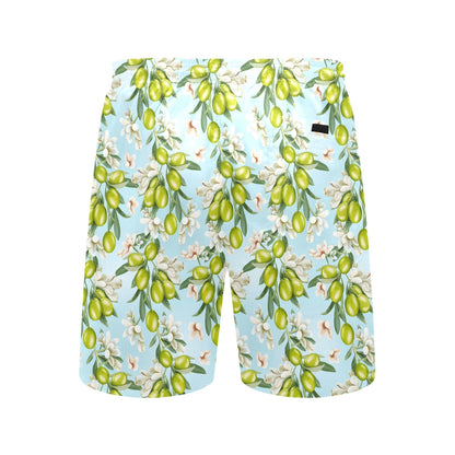 Elegant Olive Floral Print Men's Swim Trunks Beach Shorts