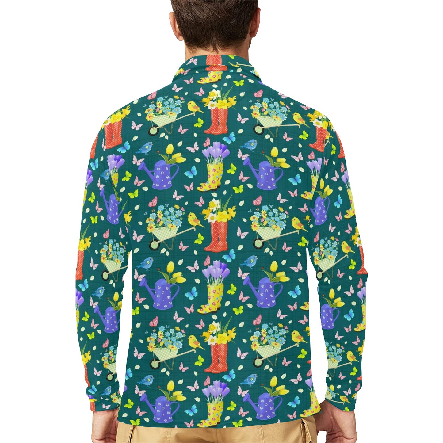 Gardening Pattern Print Design G08 Long Sleeve Polo Shirt For Men's