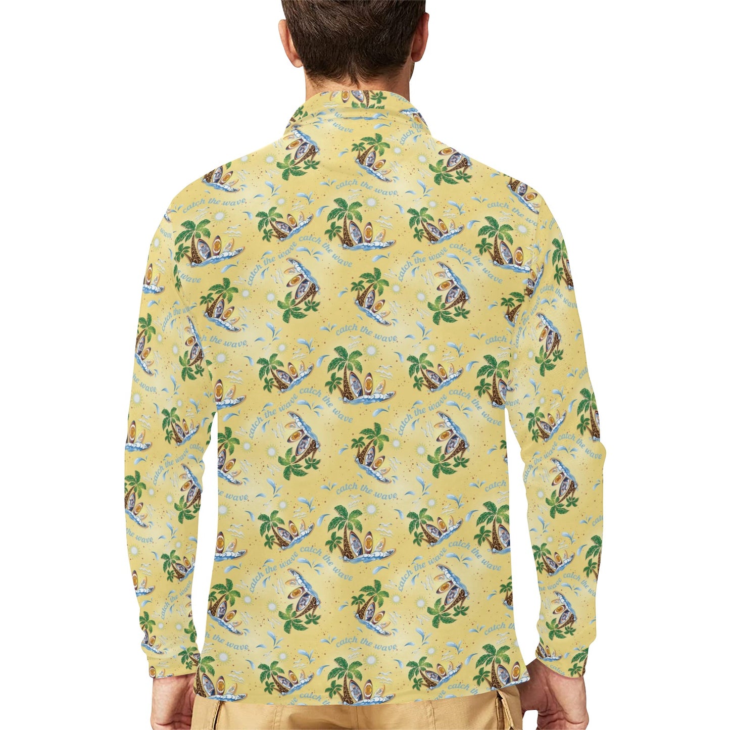 Surf Catch the Wave Design Long Sleeve Polo Shirt For Men's