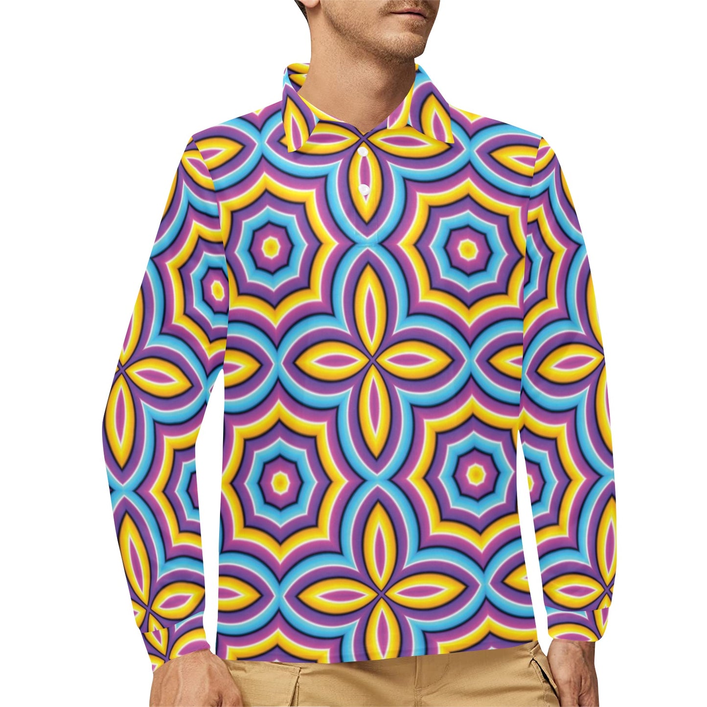 Optical illusion Pattern Print Design A03 Long Sleeve Polo Shirt For Men's