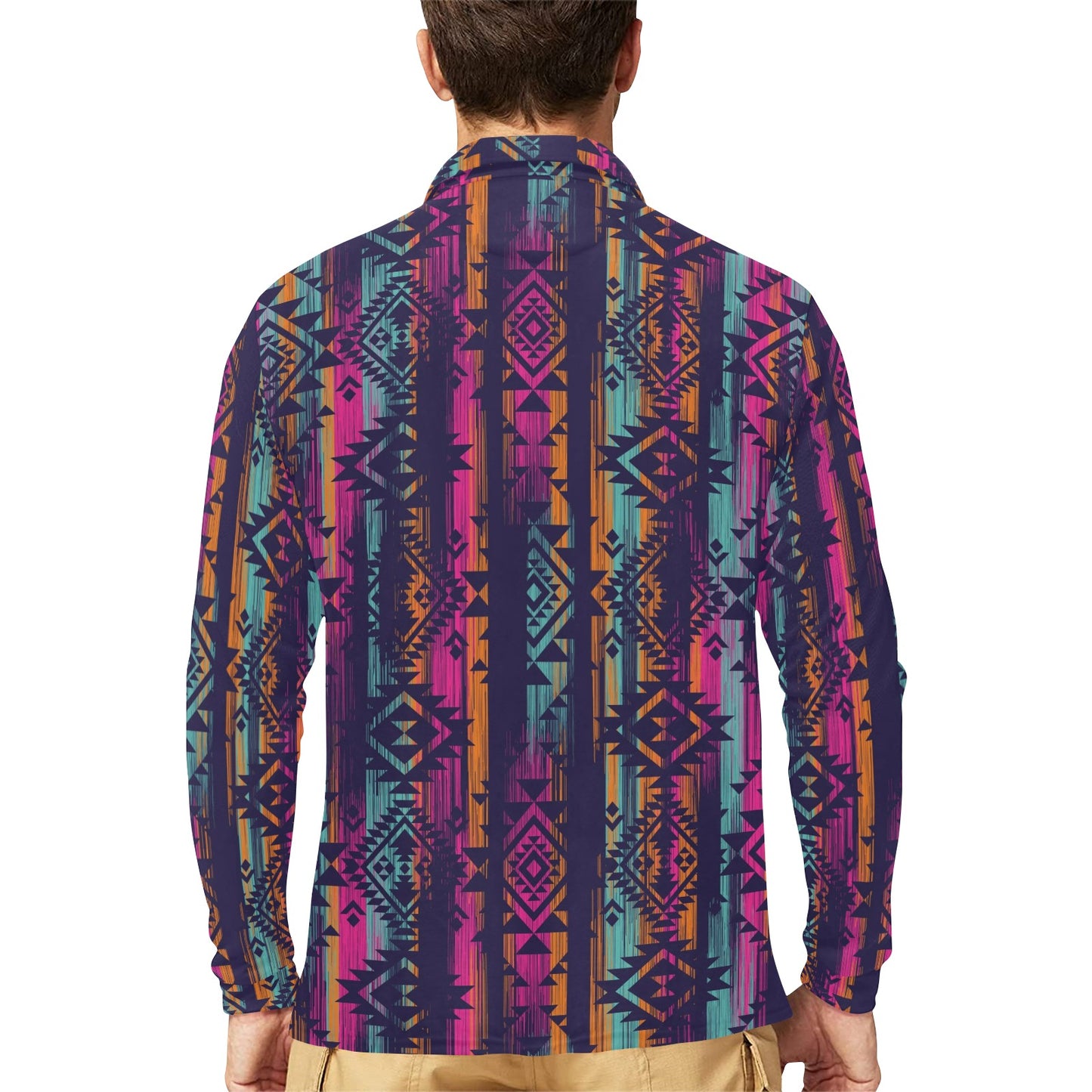 Line Tribal Aztec Long Sleeve Polo Shirt For Men's