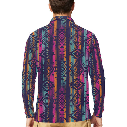 Line Tribal Aztec Long Sleeve Polo Shirt For Men's