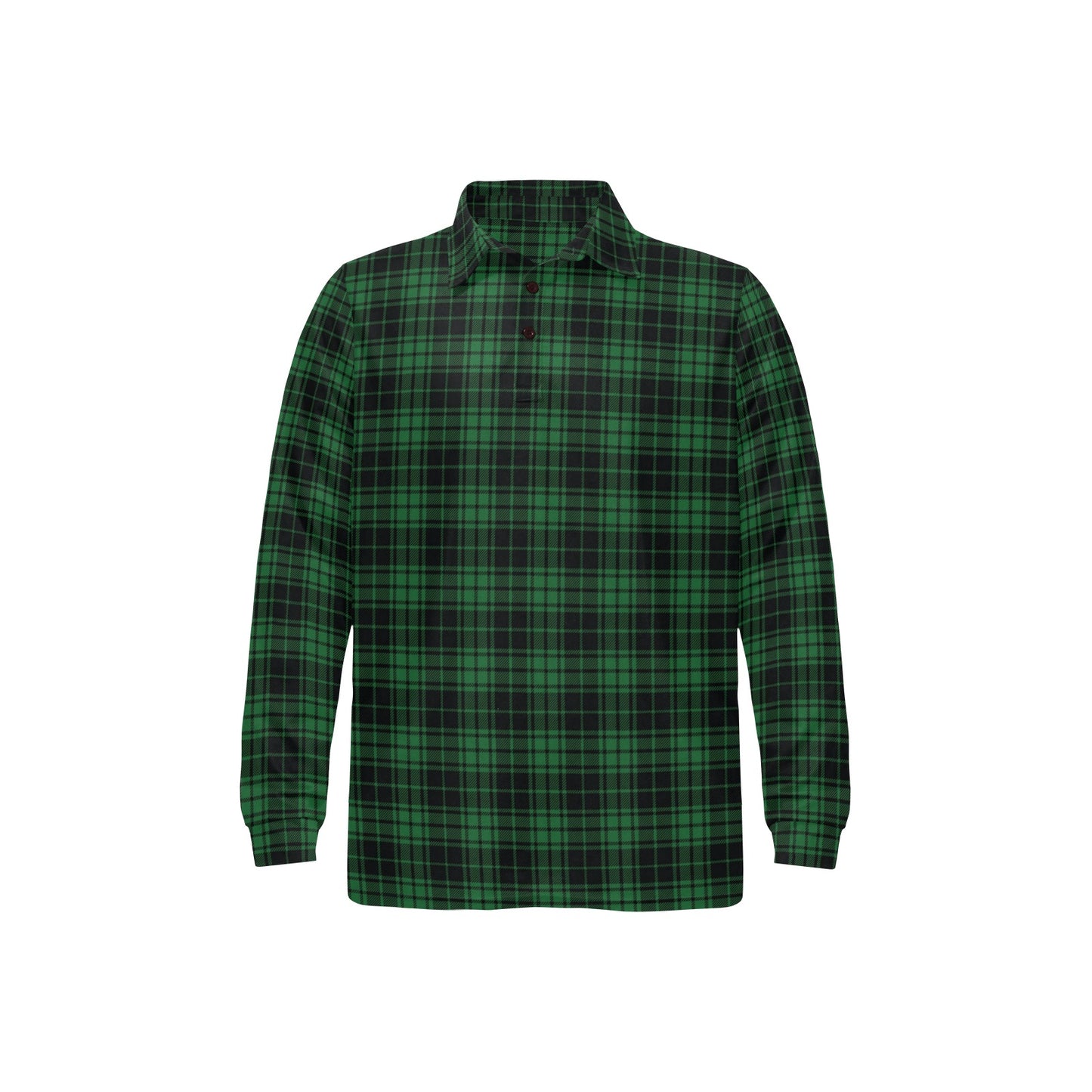 Green Tartan Plaid Pattern Long Sleeve Polo Shirt For Men's