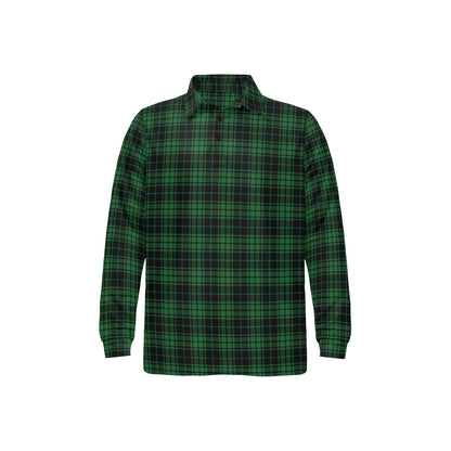 Green Tartan Plaid Pattern Long Sleeve Polo Shirt For Men's