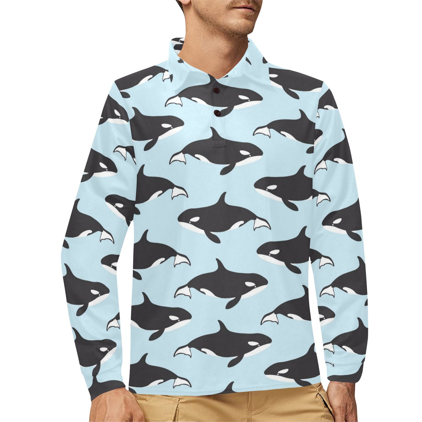 Killer Whale Pattern Print Design 01 Long Sleeve Polo Shirt For Men's