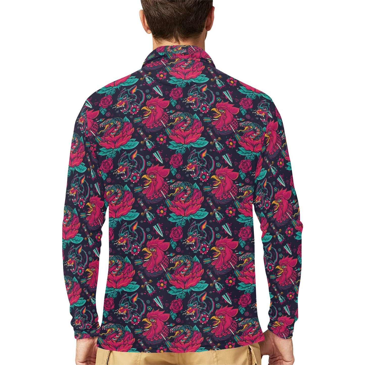 Old School Tattoo Print Long Sleeve Polo Shirt For Men's
