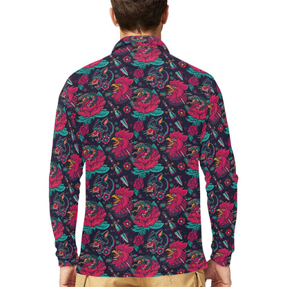 Old School Tattoo Print Long Sleeve Polo Shirt For Men's