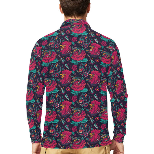 Old School Tattoo Print Long Sleeve Polo Shirt For Men's