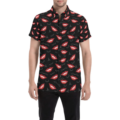 Vampire Lips Print Design LKS301 Men Short Sleeve Button Up Shirt