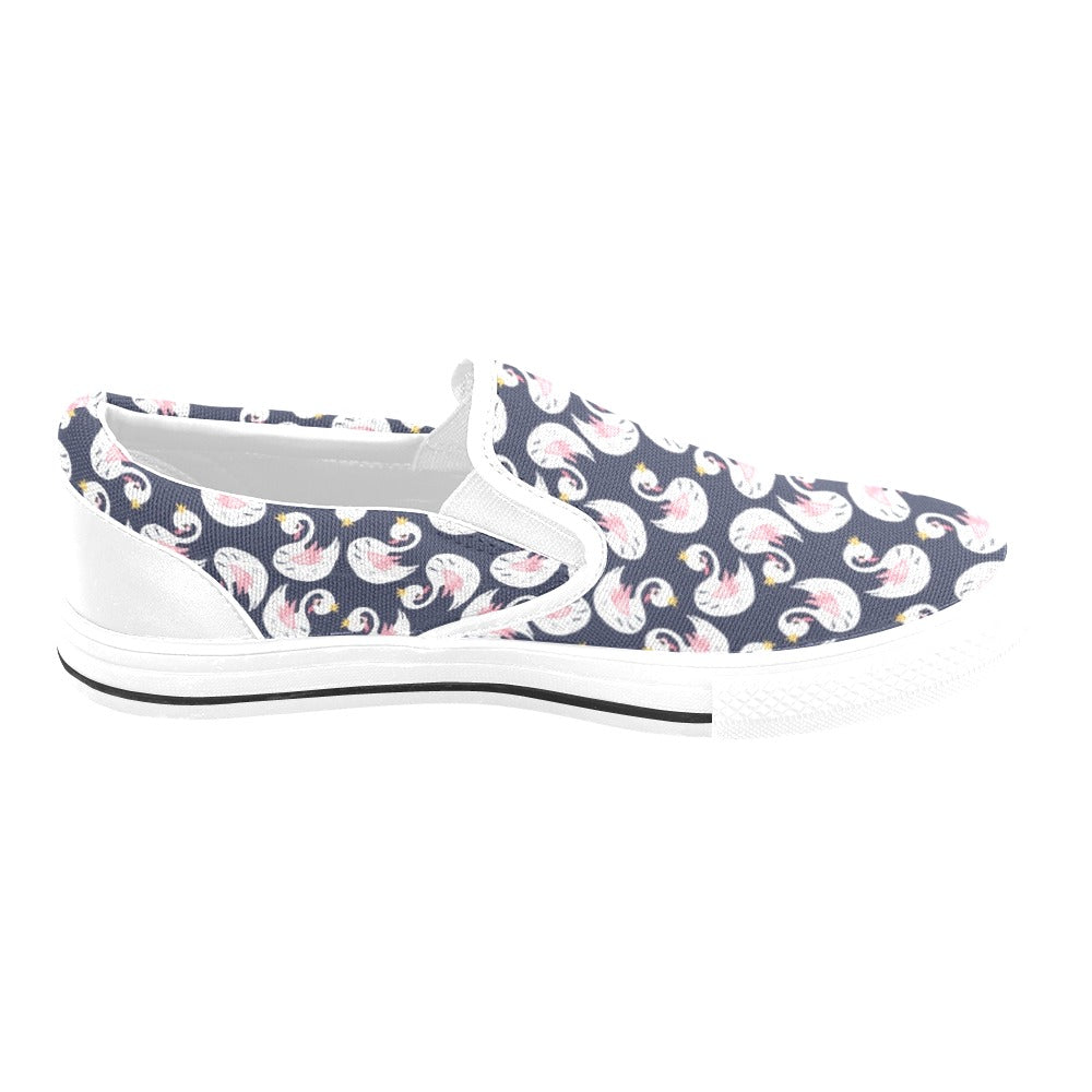 Swan Print Design LKS403 White Slip Ons Canvas Women's Shoes