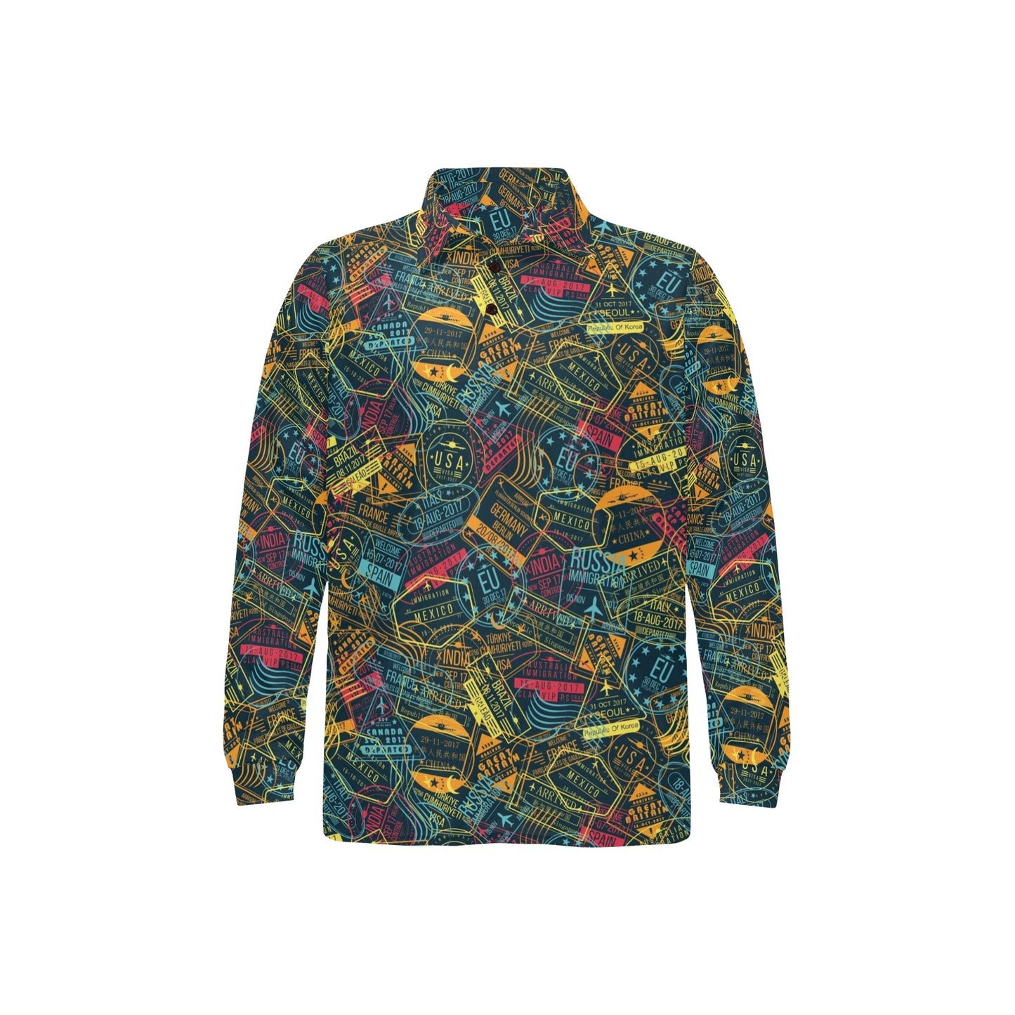 Travel Stamp Colorful Print Design LKS304 Long Sleeve Polo Shirt For Men's