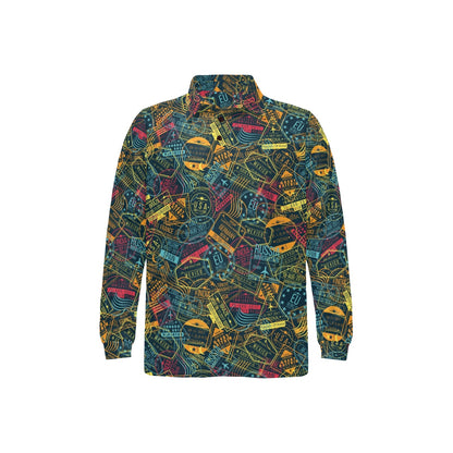 Travel Stamp Colorful Print Design LKS304 Long Sleeve Polo Shirt For Men's