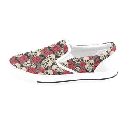 Skull And Roses Print Design LKS301 White Slip Ons Canvas Women's Shoes