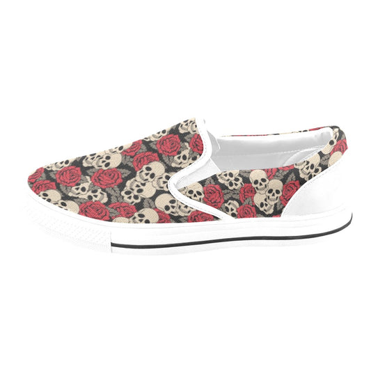 Skull And Roses Print Design LKS301 White Slip Ons Canvas Women's Shoes