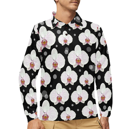 Orchid White Pattern Print Design OR09 Long Sleeve Polo Shirt For Men's
