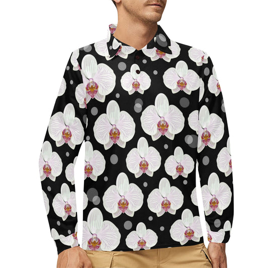 Orchid White Pattern Print Design OR09 Long Sleeve Polo Shirt For Men's