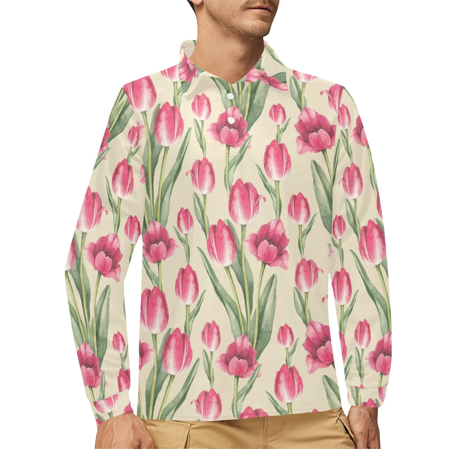 Tulip Pink Pattern Print Design TP06 Long Sleeve Polo Shirt For Men's