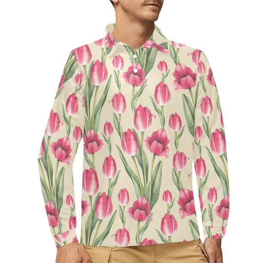Tulip Pink Pattern Print Design TP06 Long Sleeve Polo Shirt For Men's