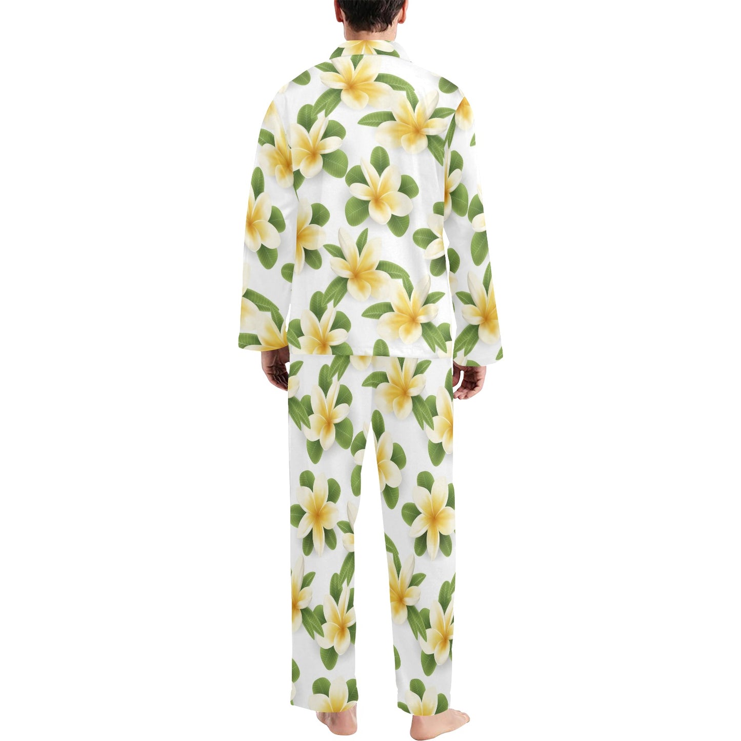Yellow Plumeria Pattern Print Design PM012 Men's Long Pajama Set