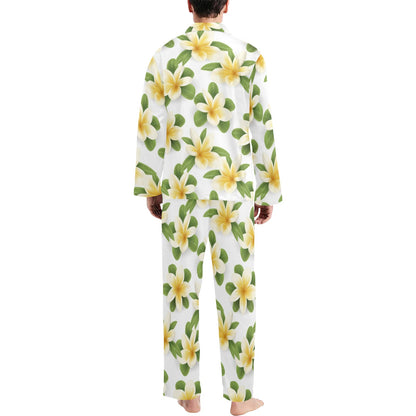 Yellow Plumeria Pattern Print Design PM012 Men's Long Pajama Set