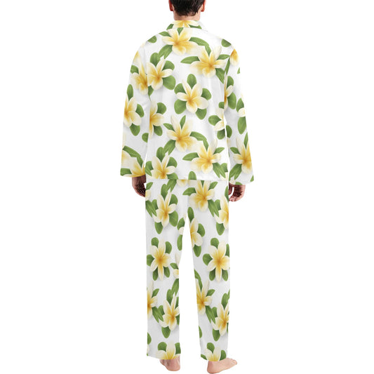 Yellow Plumeria Pattern Print Design PM012 Men's Long Pajama Set