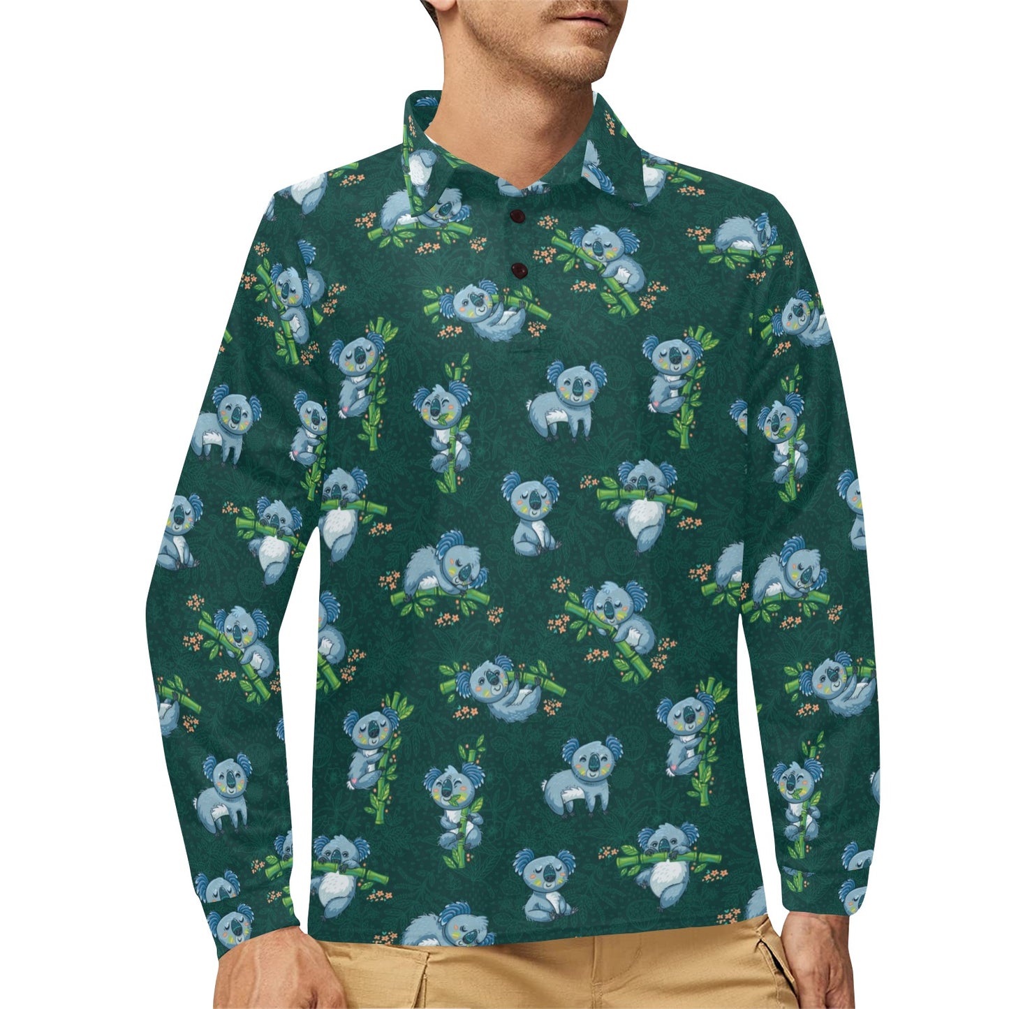 Koala Blue Design Print Long Sleeve Polo Shirt For Men's