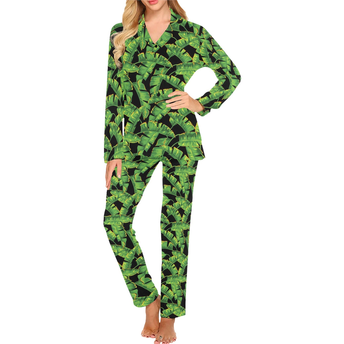Banana Leaf Pattern Print Design 03 Women's Long Pajama Set