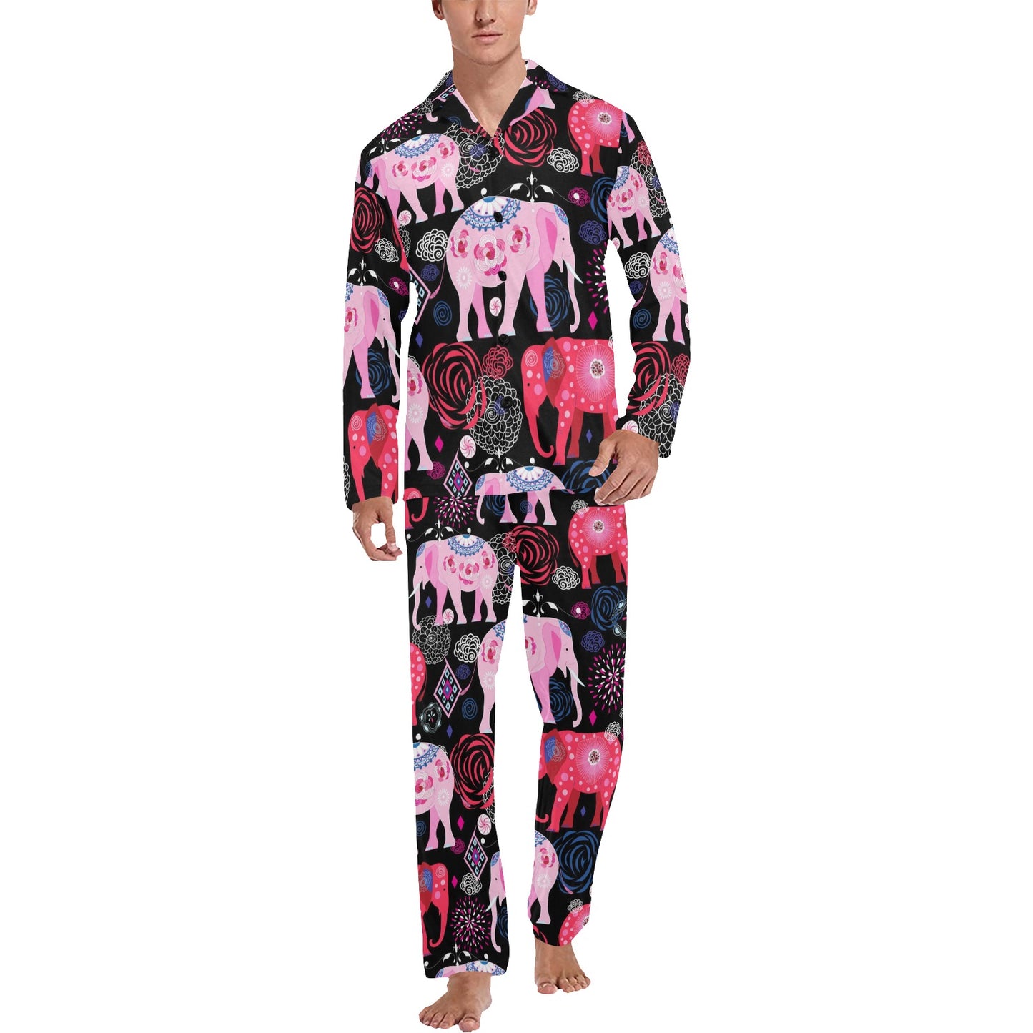 Pink Elephant Pattern Men's Long Pajama Set