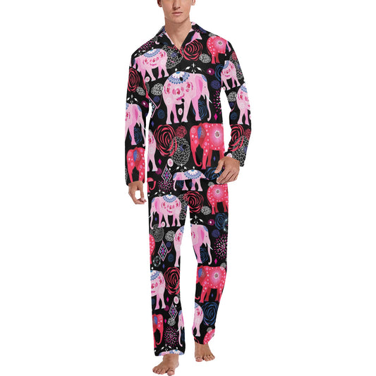 Pink Elephant Pattern Men's Long Pajama Set