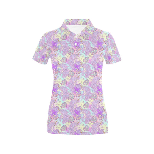 Unicorn Rainbow Star Heart Print Women's Polo Shirt