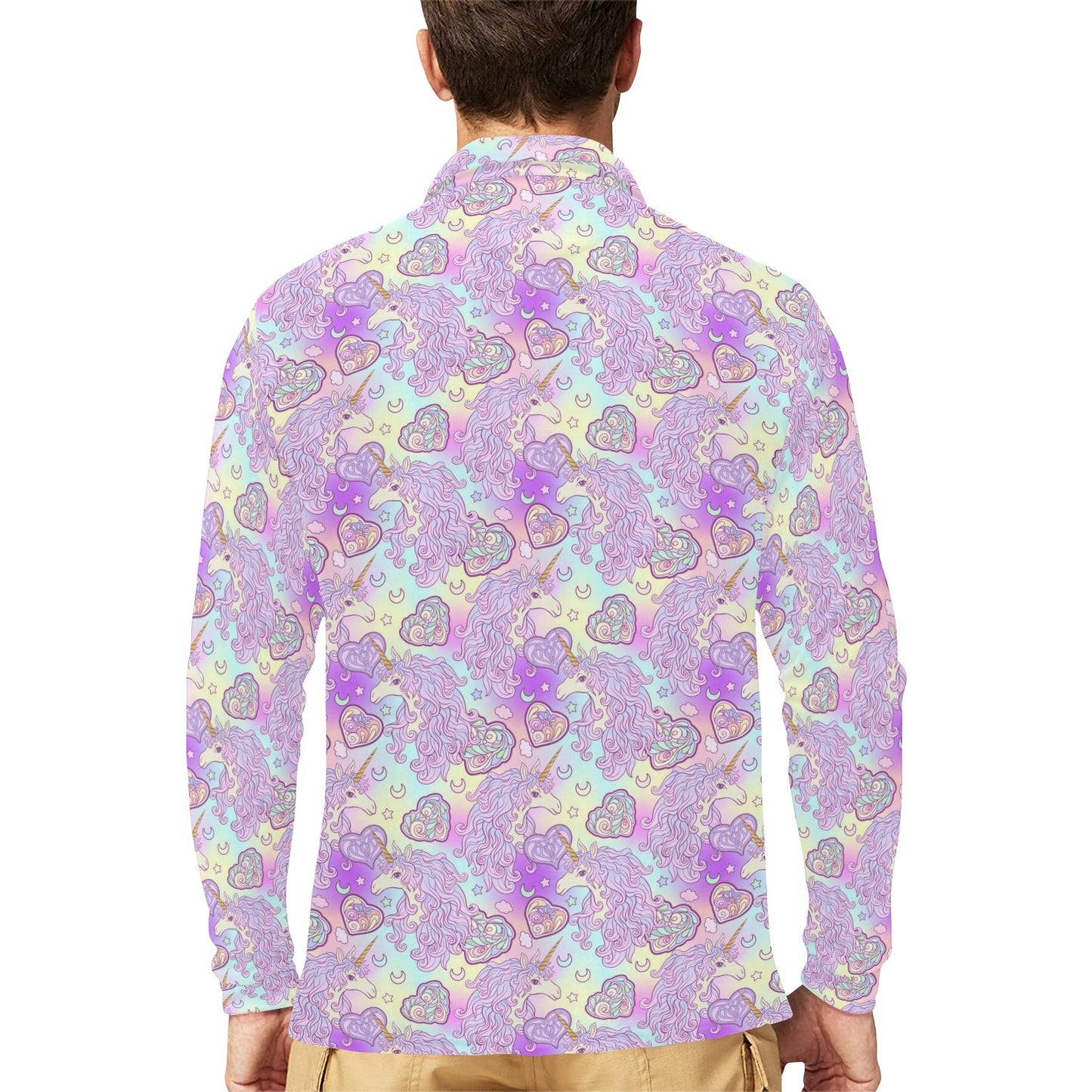Unicorn Rainbow Star Heart Print Long Sleeve Polo Shirt For Men's