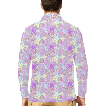 Unicorn Rainbow Star Heart Print Long Sleeve Polo Shirt For Men's