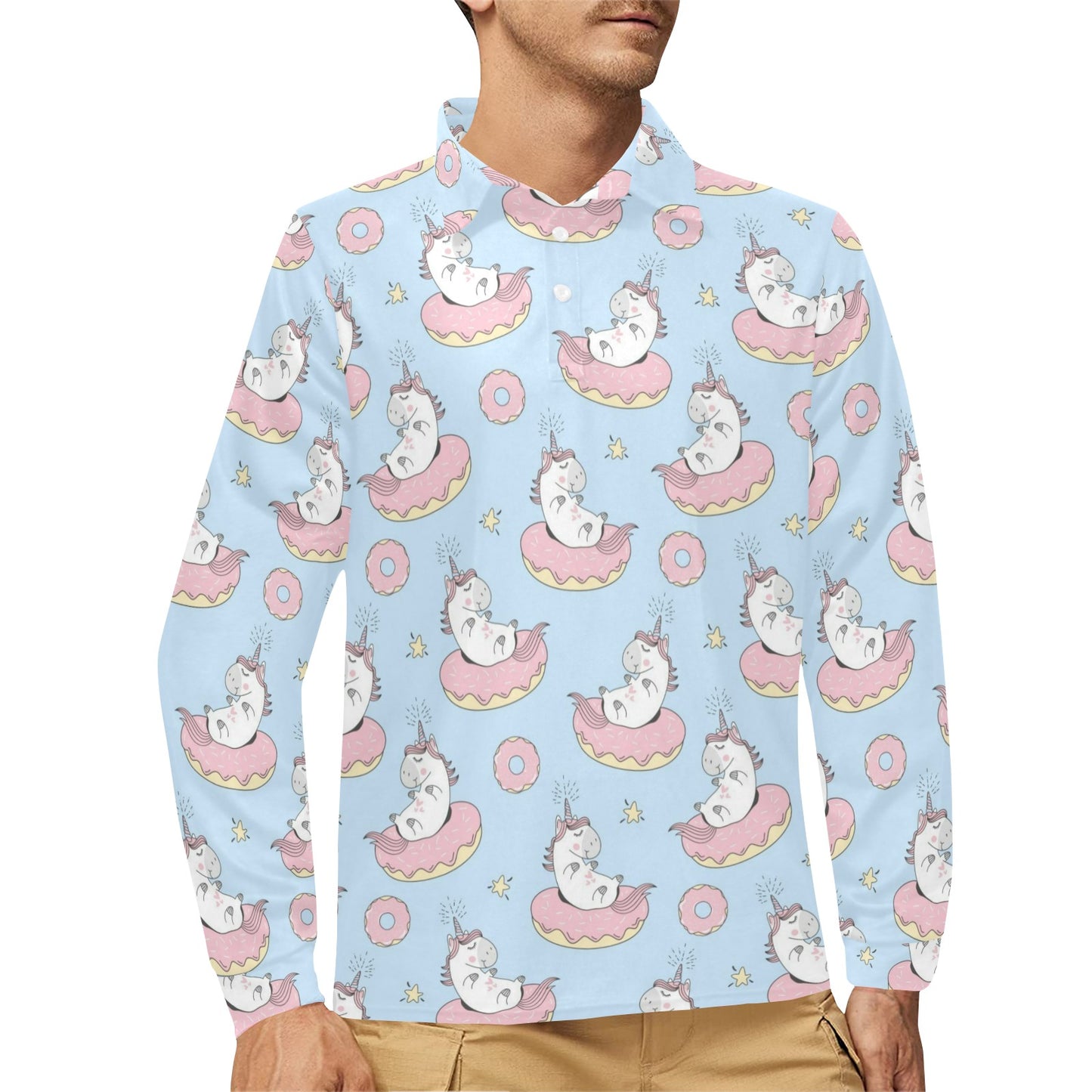 Donut Unicorn Pattern Print Design DN014 Long Sleeve Polo Shirt For Men's