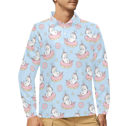 Donut Unicorn Pattern Print Design DN014 Long Sleeve Polo Shirt For Men's
