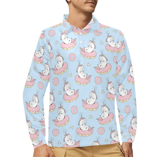 Donut Unicorn Pattern Print Design DN014 Long Sleeve Polo Shirt For Men's