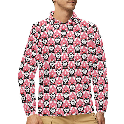 Siberian Huskies Christmas Themed Print Design LKS302 Long Sleeve Polo Shirt For Men's