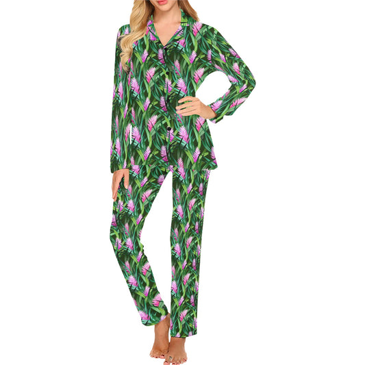 Tropical Folower Pink Heliconia Print Women's Long Pajama Set