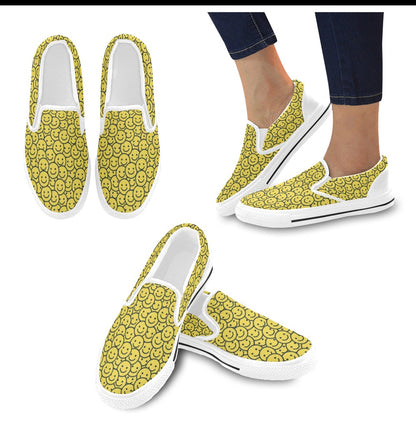 Smiley Face Emoji Print Design LKS302 White Slip Ons Canvas Women's Shoes