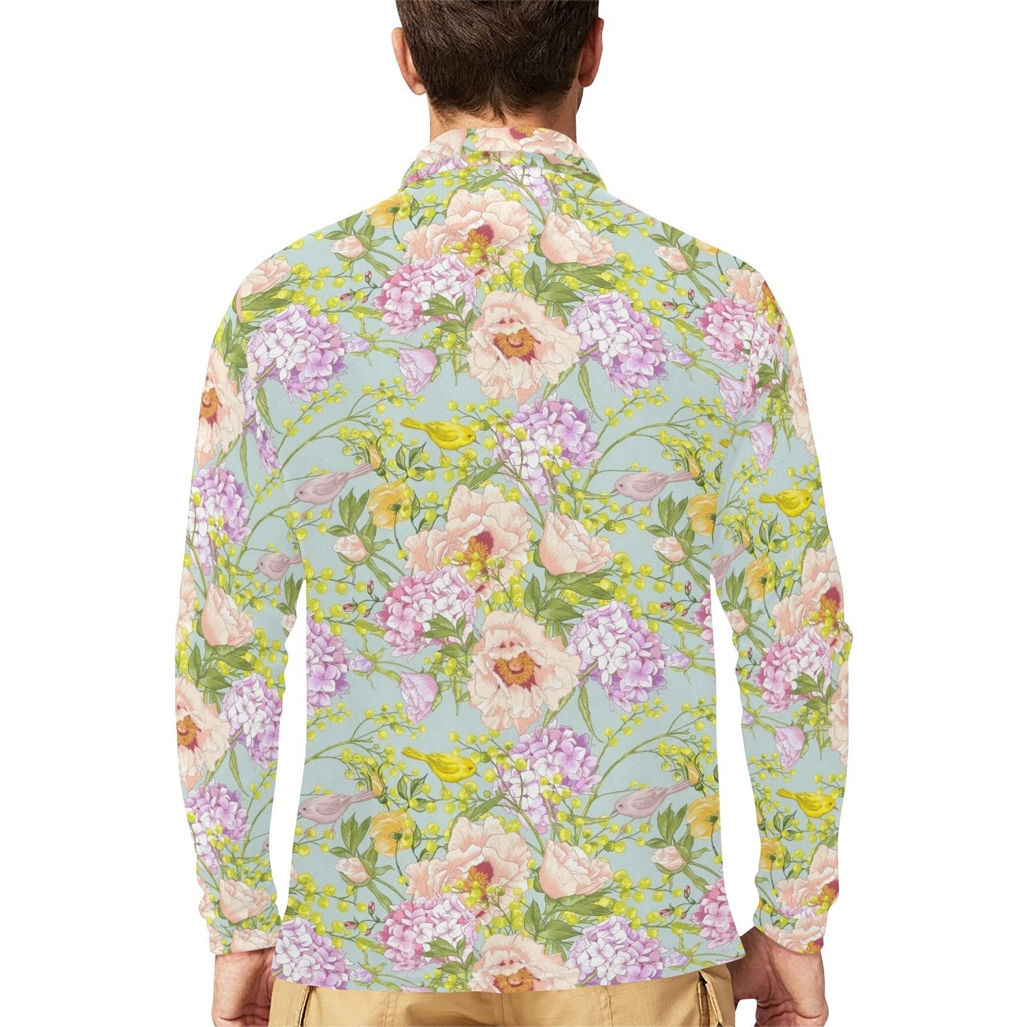 Hydrangea Pattern Print Design HD02 Long Sleeve Polo Shirt For Men's