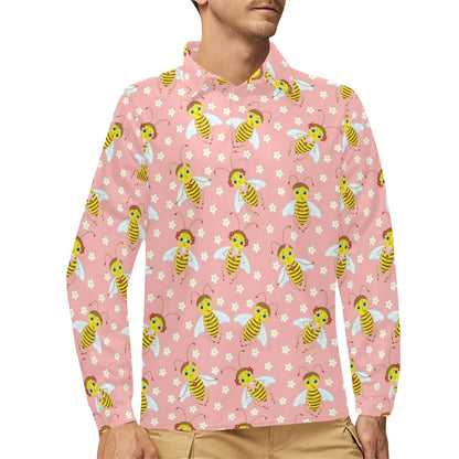 Bee Pattern Print Design BEE07 Long Sleeve Polo Shirt For Men's