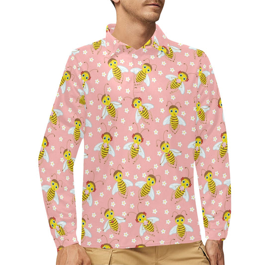 Bee Pattern Print Design BEE07 Long Sleeve Polo Shirt For Men's
