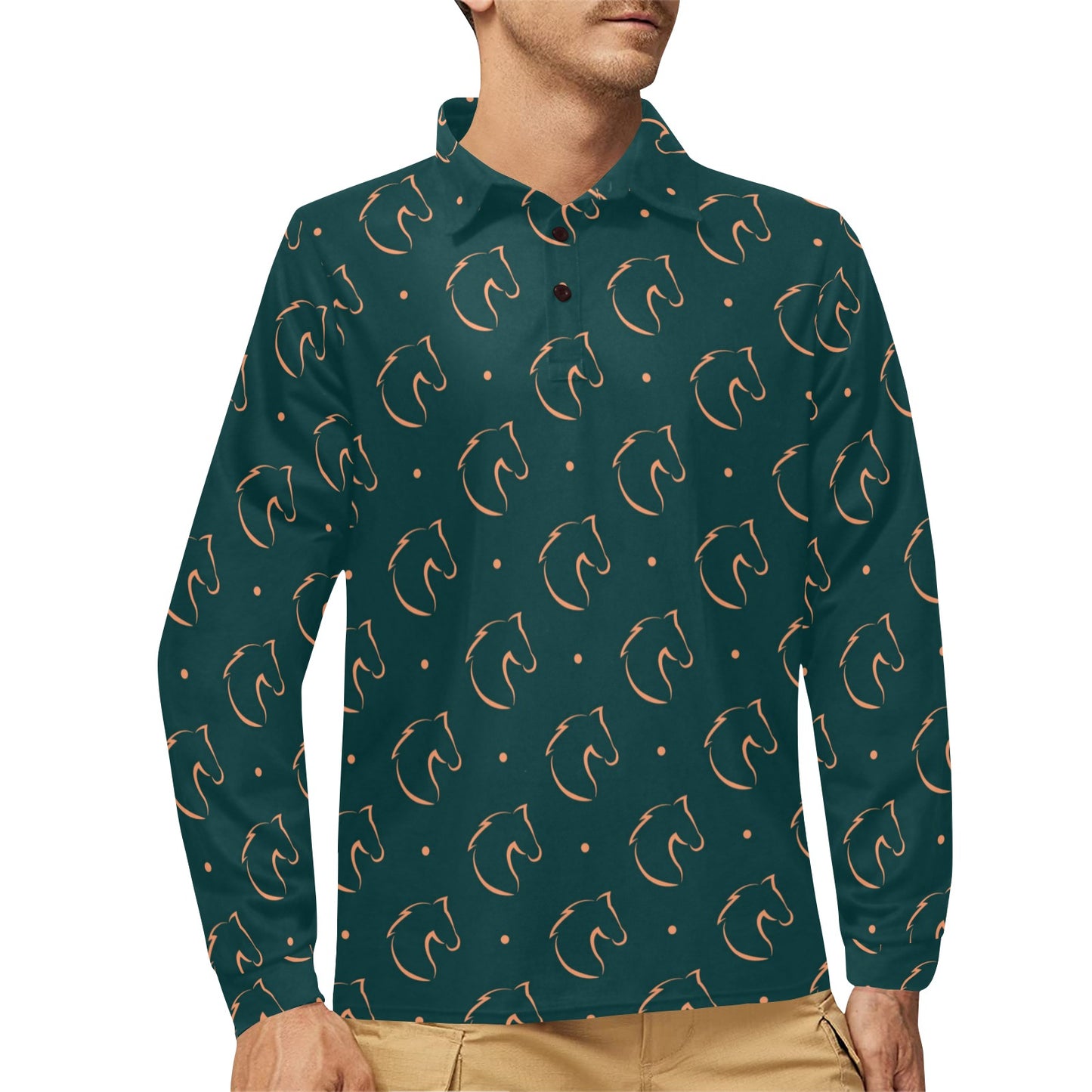 Horse Head Print Design LKS302 Long Sleeve Polo Shirt For Men's