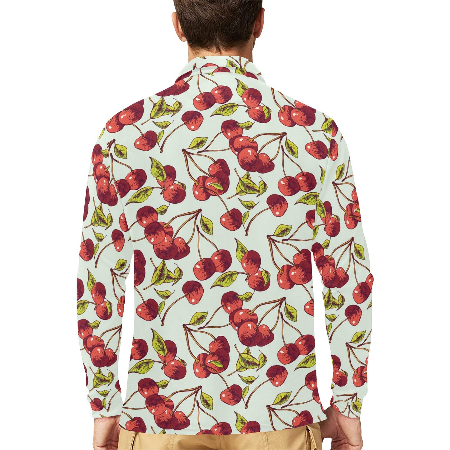 Cherry Hand Draw Long Sleeve Polo Shirt For Men's