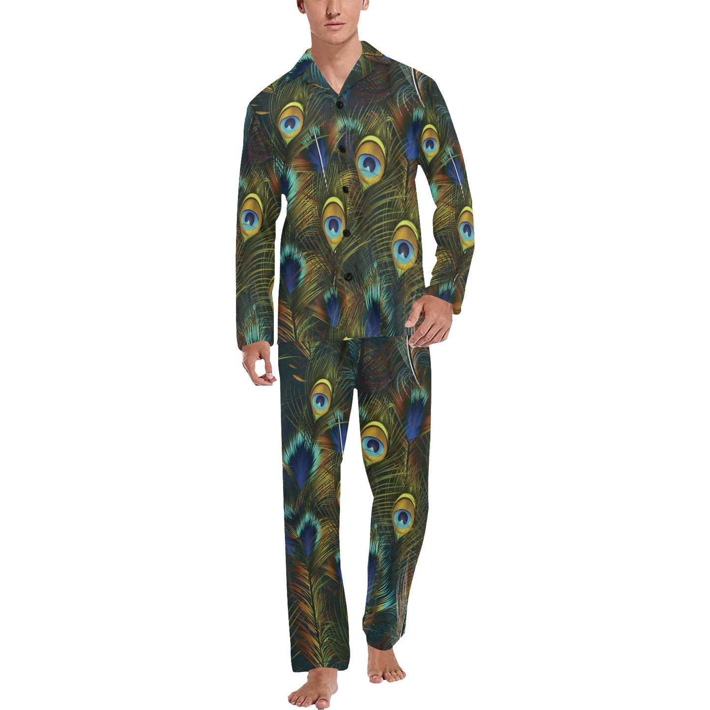 Peacock Feather Pattern Print Design A03 Men's Long Pajama Set
