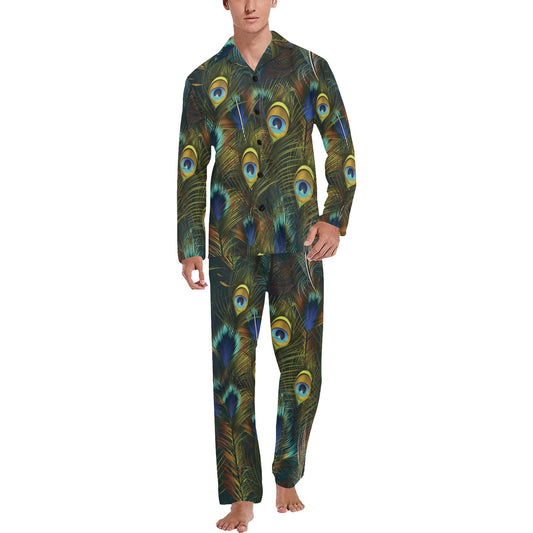 Peacock Feather Pattern Print Design A03 Men's Long Pajama Set