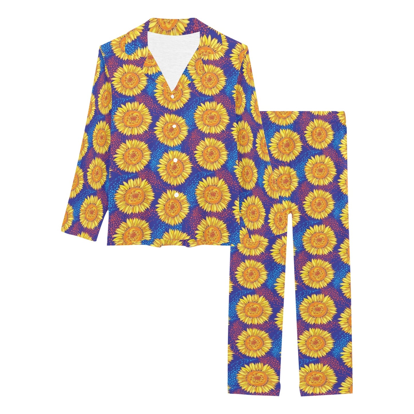 Sunflower Hand Drawn Style Print Women's Long Pajama Set